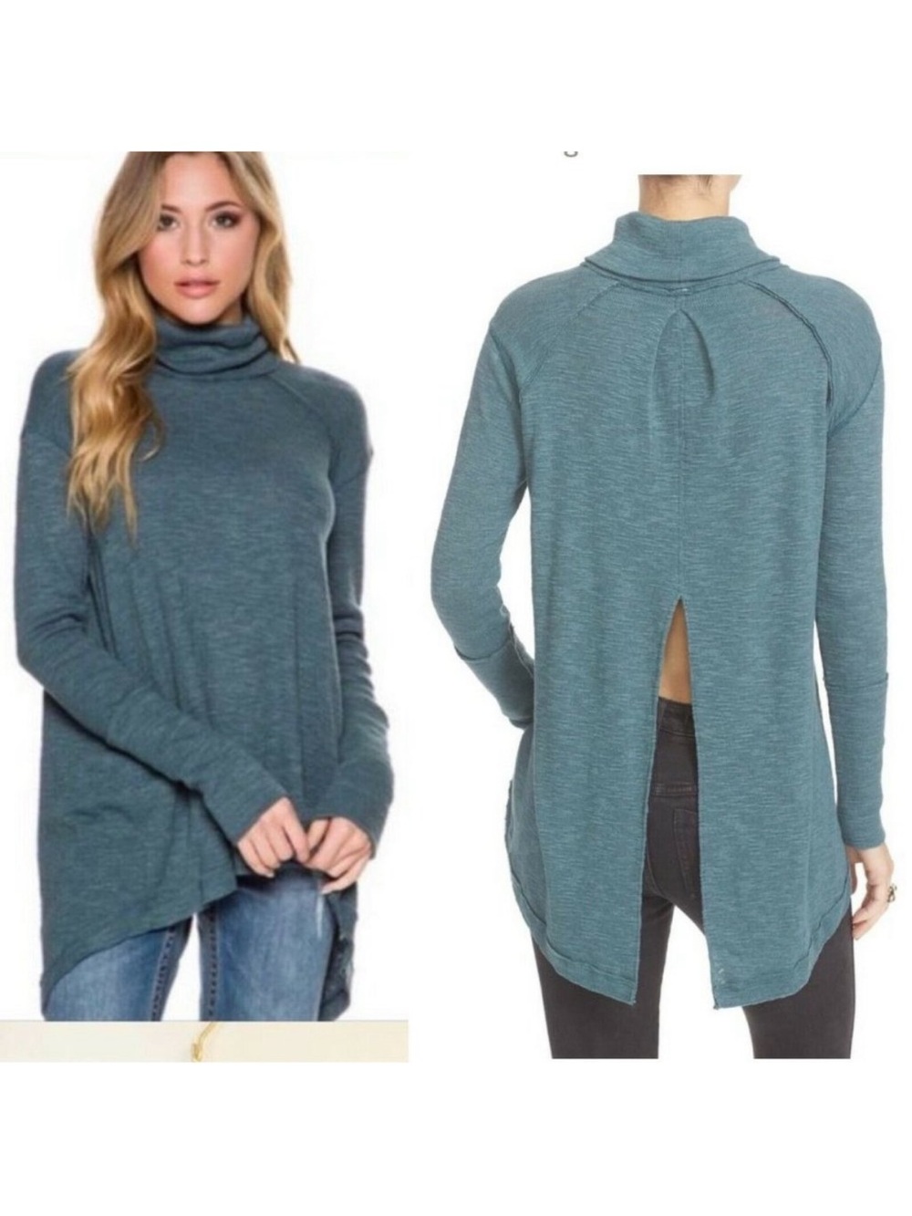 Free People We The Free Cowl Neck Hi-Lo Tunic Top Teal Blue Thermal Ample Size S